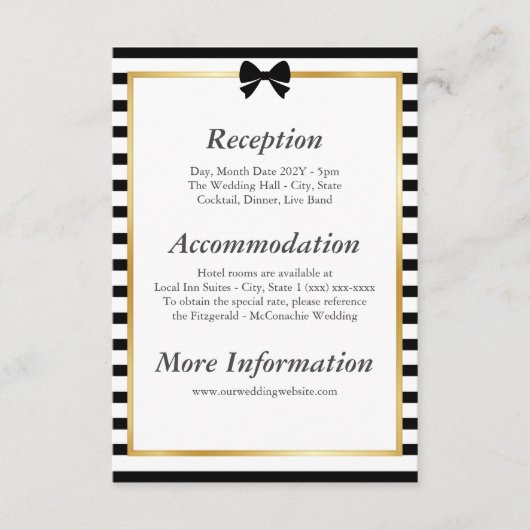 エレガント白黒ストライプ金ゴールドフレ結婚ーム エンクロージャーカード (正面)