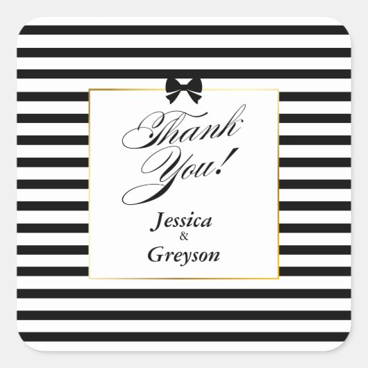 エレガント白黒ストライプ金ゴールドフレ結婚ーム スクエアシール (正面)