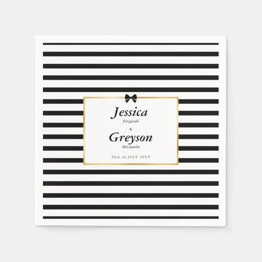 エレガント白黒ストライプ金ゴールドフレ結婚ーム スタンダードカクテルナプキン (正面)