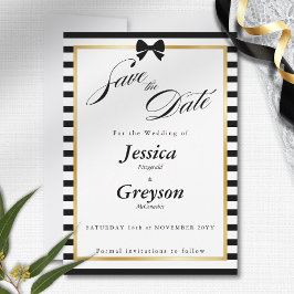 エレガント白黒ストライプ金ゴールドフレ結婚ーム セーブザデート