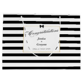 エレガント白黒ストライプ金ゴールドフレ結婚ーム ラージペーパーバッグ (裏面)