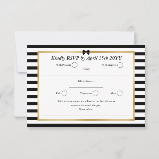 エレガント白黒ストライプ金ゴールドフレ結婚ーム 出欠カード (正面)