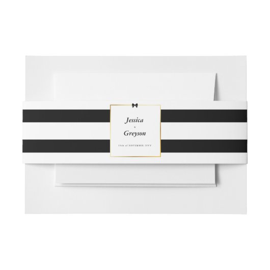 エレガント白黒ストライプ金ゴールドフレ結婚ーム 招待状ベリーバンド (正面例)
