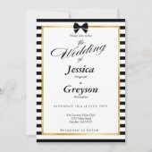 エレガント白黒ストライプ金ゴールドフレ結婚ーム 招待状 (正面)