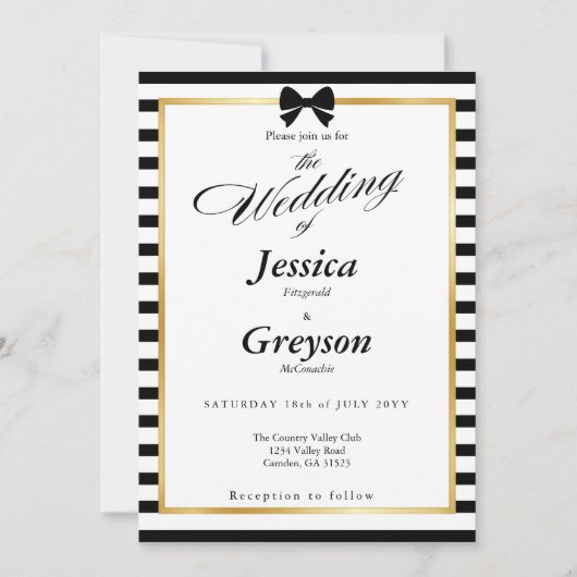 エレガント白黒ストライプ金ゴールドフレ結婚ーム 招待状 (正面)