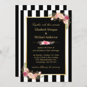 エレガント白黒ストライプ金ゴールドフローラ結婚の 招待状 (正面/裏面)