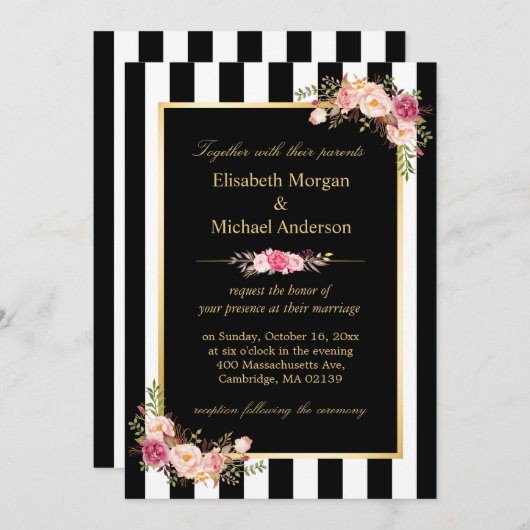 エレガント白黒ストライプ金ゴールドフローラ結婚の 招待状 (正面/裏面)