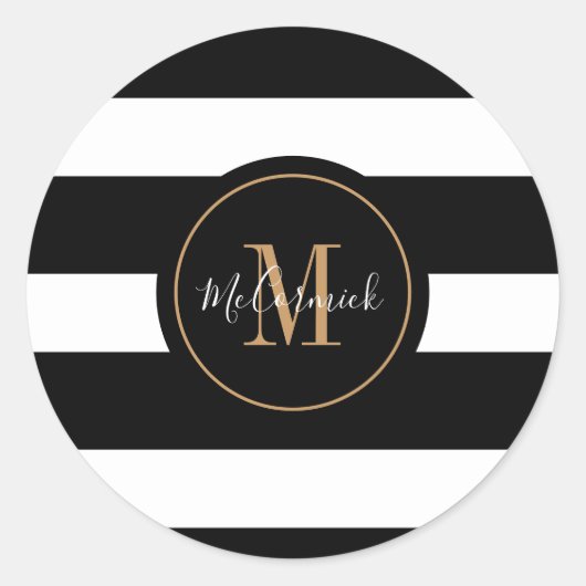 エレガント白黒ストライプ金ゴールドモノグラム名 ラウンドシール (正面)