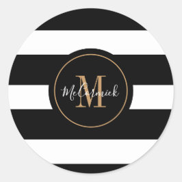 エレガント白黒ストライプ金ゴールドモノグラム名 ラウンドシール