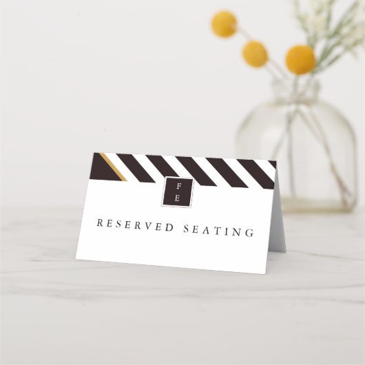 エレガント白黒ストライプ金ゴールド結婚座席表 プレイスカード (正面)