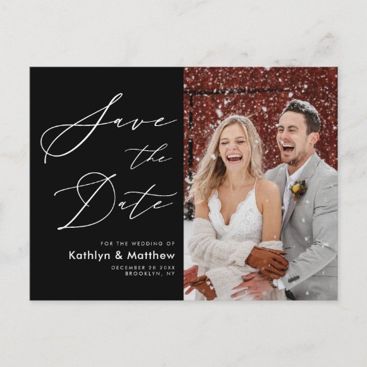 エレガント白黒スモダンクリプト日付の保存 案内ポストカード (正面)