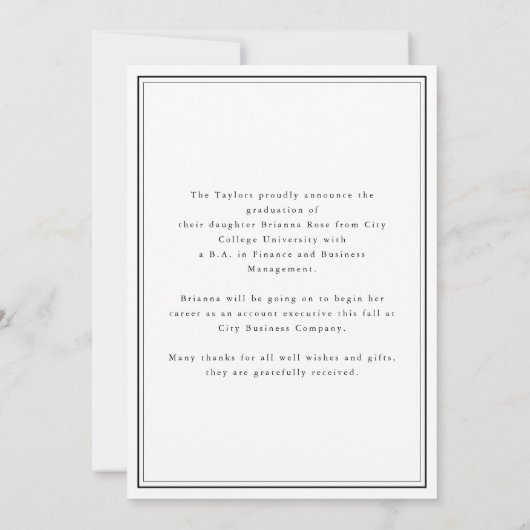 エレガント白黒タイポグラフィ卒業 案内状 (裏面)