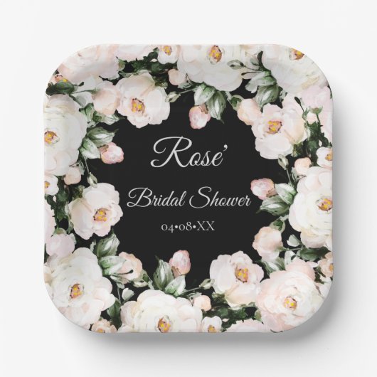 エレガント白黒バラブライダルシャワー ペーパープレート (正面)