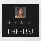 エレガント白黒パーソナライズされた写真名スクリプト スパークリングワインラベル (シングルラベル)