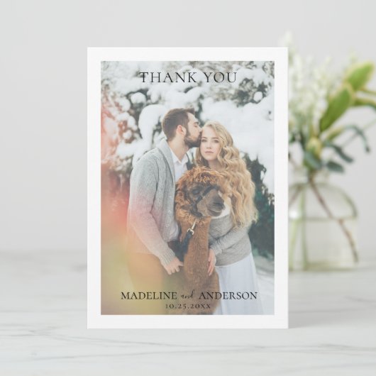 エレガント白黒フォトオーバーレイ文字結婚ズ サンキューカード (スタンド正面)