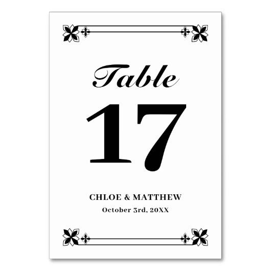 エレガント白黒フレーム名結婚と日付 テーブルナンバー (裏面)