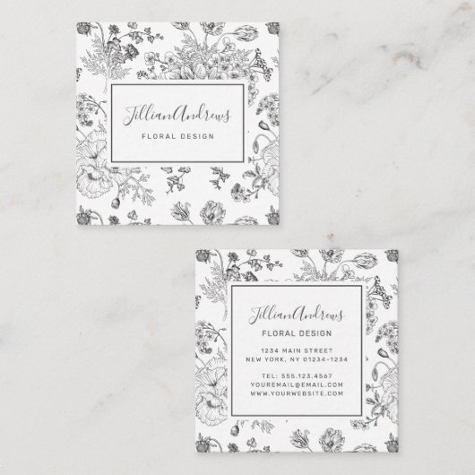 エレガント白黒フローラデザインプロフェッショナル スクエア名刺 (正面/裏面)