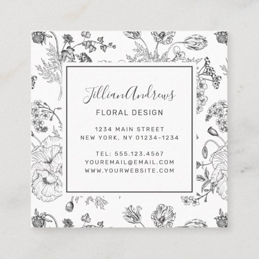 エレガント白黒フローラデザインプロフェッショナル スクエア名刺 (裏面)