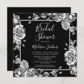 エレガント白黒フローラブライダルシャワー 招待状 (正面/裏面)