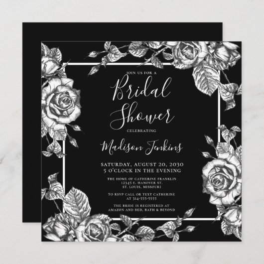 エレガント白黒フローラブライダルシャワー 招待状 (正面/裏面)