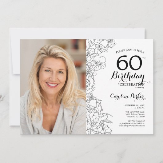 エレガント白黒フローラ写真60誕生日 招待状 (正面)