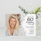 エレガント白黒フローラ写真60誕生日 招待状 (スタンド正面)