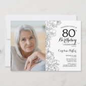 エレガント白黒フローラ写真80誕生日 招待状 (正面)