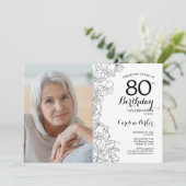 エレガント白黒フローラ写真80誕生日 招待状 (スタンド正面)