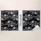 エレガント白黒フローラ名 ビーチタオル (正面)