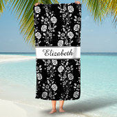 エレガント白黒フローラ名 ビーチタオル