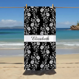 エレガント白黒フローラ名 ビーチタオル
