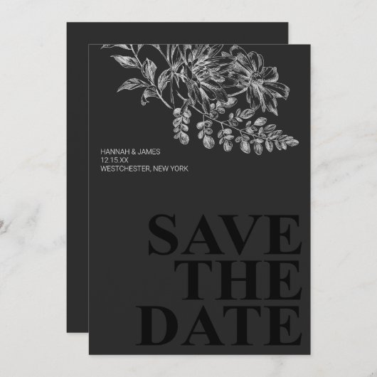 エレガント白黒フローラ日付の保存 招待状 (正面/裏面)