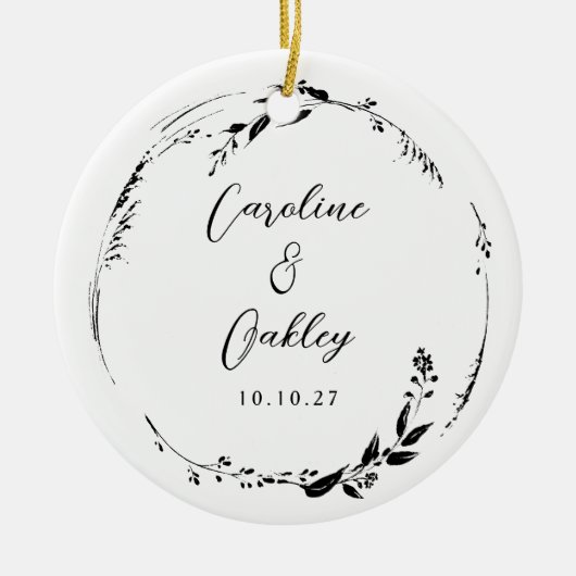 エレガント白黒フローラ結婚リースカスタム セラミックオーナメント (正面)