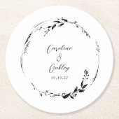 エレガント白黒フローラ結婚リースカスタム ラウンドペーパーコースター (正面)