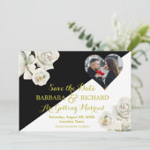 エレガント白黒フローラ結婚写真の救日付 招待状 (スタンド正面)