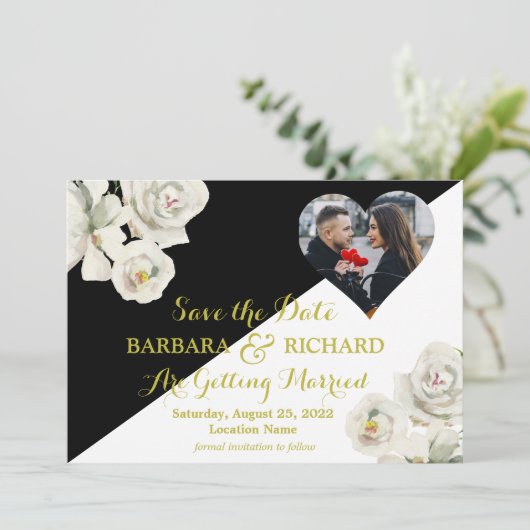 エレガント白黒フローラ結婚写真の救日付 招待状 (スタンド正面)