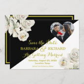 エレガント白黒フローラ結婚写真の救日付 招待状 (正面/裏面)