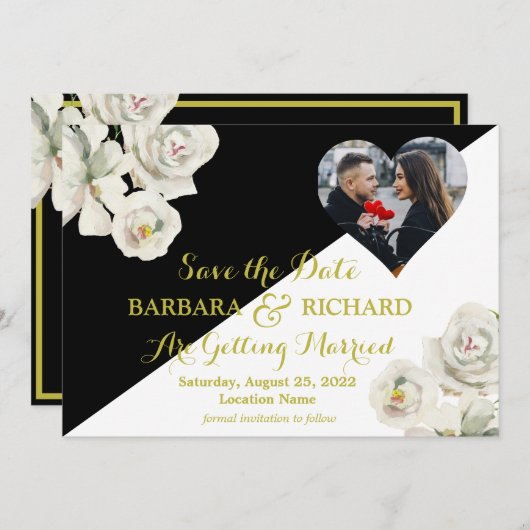 エレガント白黒フローラ結婚写真の救日付 招待状 (正面/裏面)