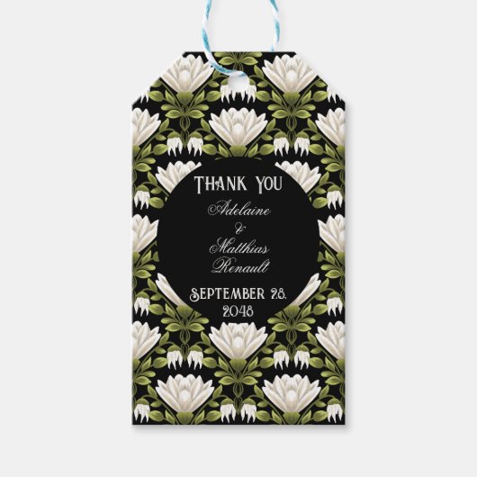 エレガント白黒フローラ結婚：書道 ギフトタグ (正面)
