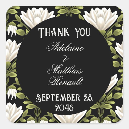 エレガント白黒フローラ結婚：書道 スクエアシール (正面)