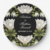 エレガント白黒フローラ結婚:書道 ペーパープレート (正面)