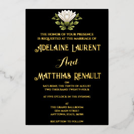 エレガント白黒フローラ結婚：書道 箔招待状