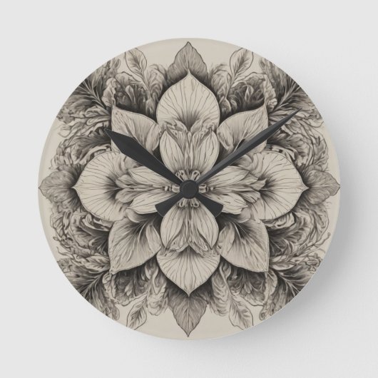 エレガント白黒フローラ ラウンド壁時計 (正面)