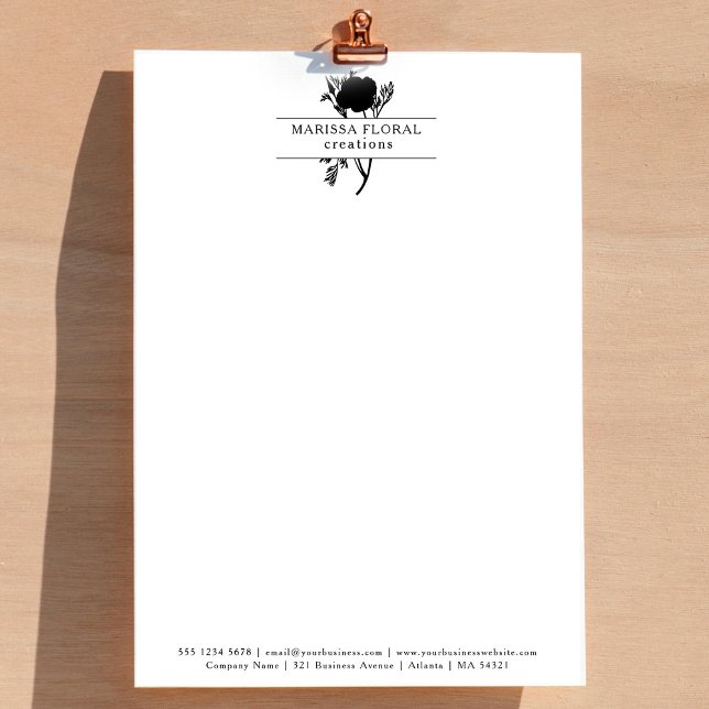 エレガント白黒フローリスト植物花屋 レターヘッド (Elegant Black White Florist Botanical Flower Shop Letterhead)