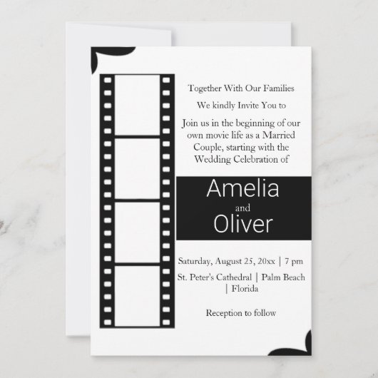 エレガント白黒フ転がィルメ結婚ラ 招待状 (正面)