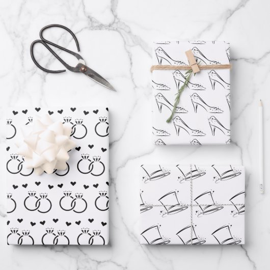 エレガント白黒ブライダル/ウェディングシャワー ラッピングペーパーシート (正面)