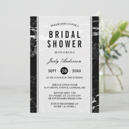 エレガント白黒マーブル結婚ズブライダルシャワー 招待状 (スタンド正面)