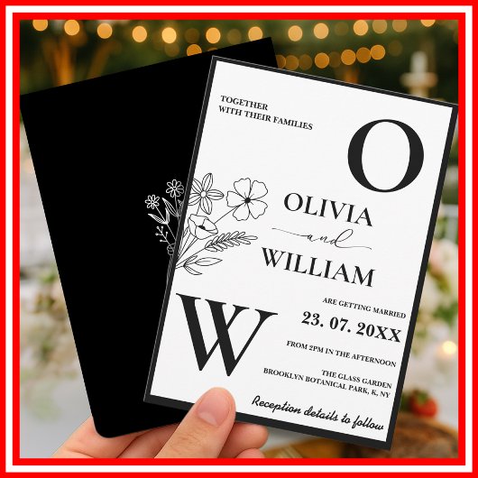 エレガント白黒ミニマルフローラ結婚ズ 招待状