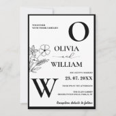 エレガント白黒ミニマルフローラ結婚ズ 招待状 (正面)