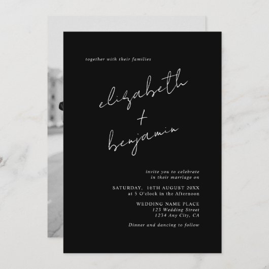 エレガント白黒ミニマル写結婚真 招待状 (正面/裏面)